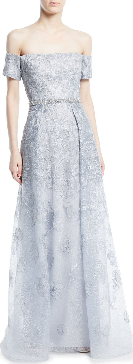 Rickie Freeman for Teri Jon Off-the-Shoulder Lace Appliqué Gown