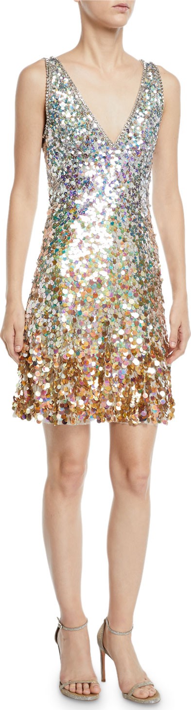 Jenny Packham Sleeveless V-Neck Ombre Sequin Dress