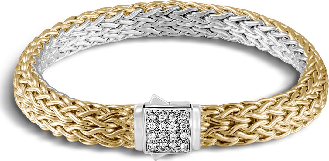 John Hardy Classic Chain Reversible 18K Gold Bracelet & Sterling Silver Bracelet with Diamond Station