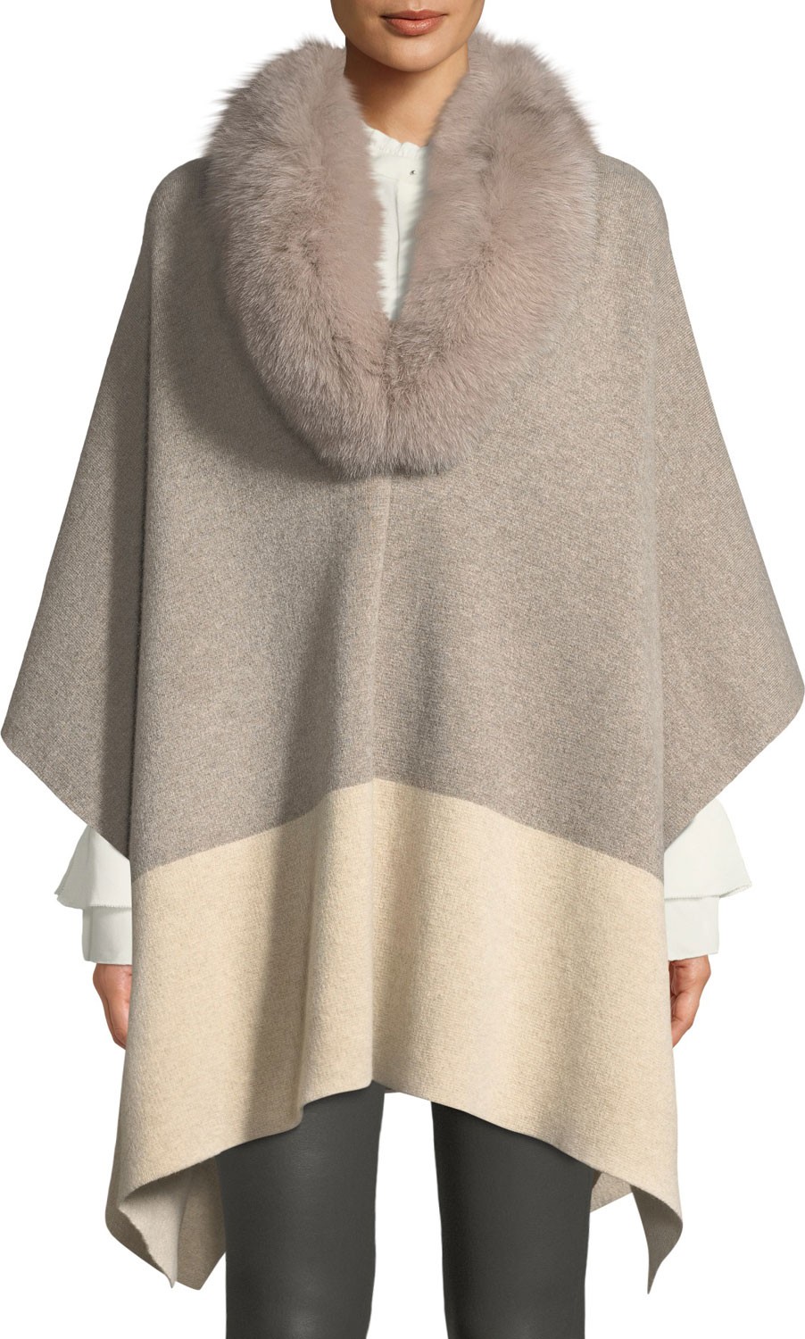 Sofia Cashmere Fur-Color Colorblock Poncho