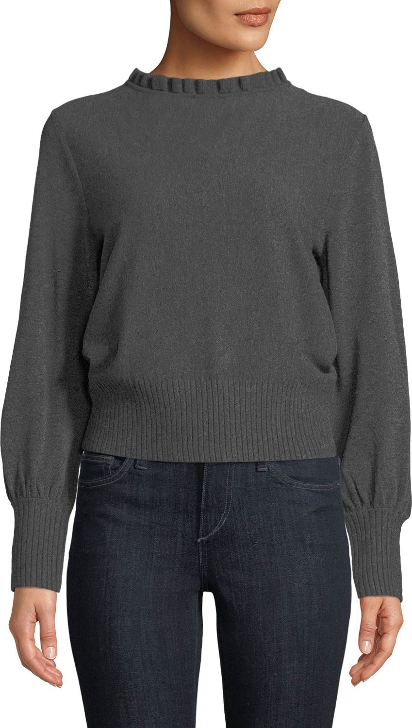 MILLY Pintuck Shirred-Neck Long-Sleeve Pullover Sweater