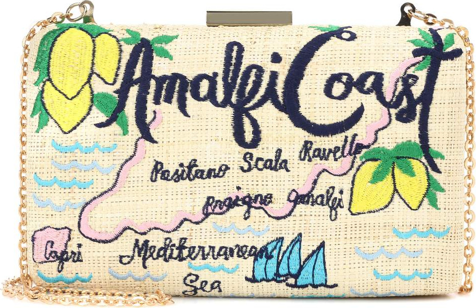 KAYU Amalfi embroidered woven straw clutch