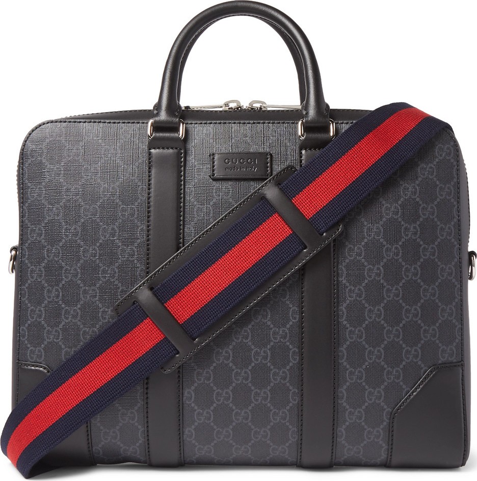 Gucci Leather-Trimmed Monogrammed Coated-Canvas Briefcase