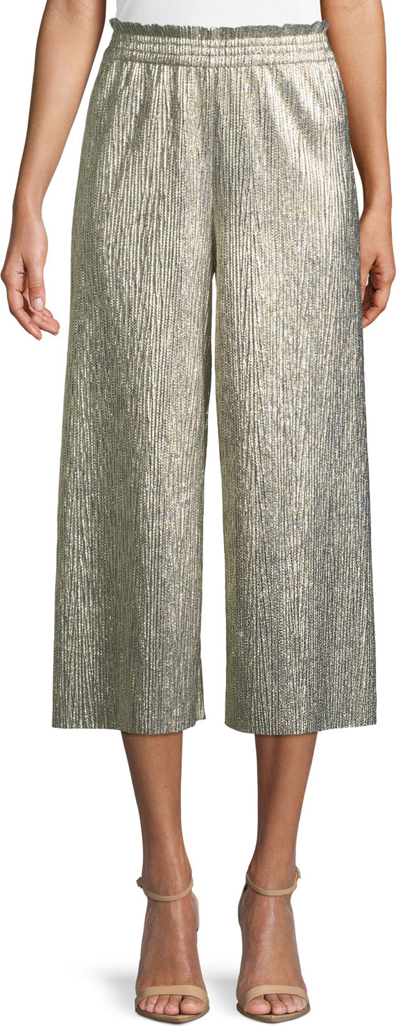 Alice + Olivia Elba Metallic Plisse Pull-On Cropped Wide-Leg Pants
