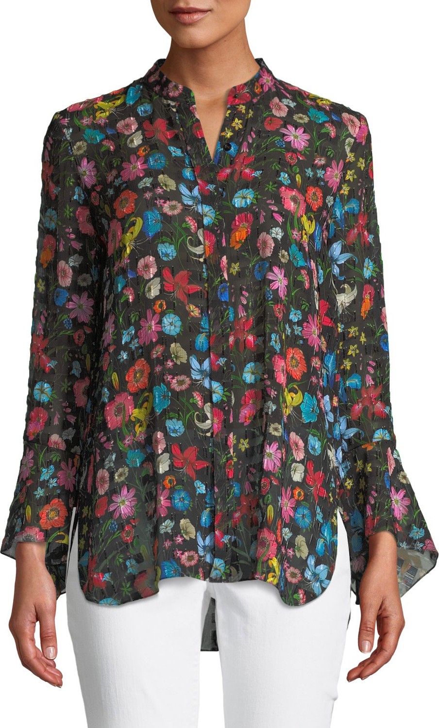 Elie Tahari Chava Button-Front Long-Sleeve Floral-Print Blouse