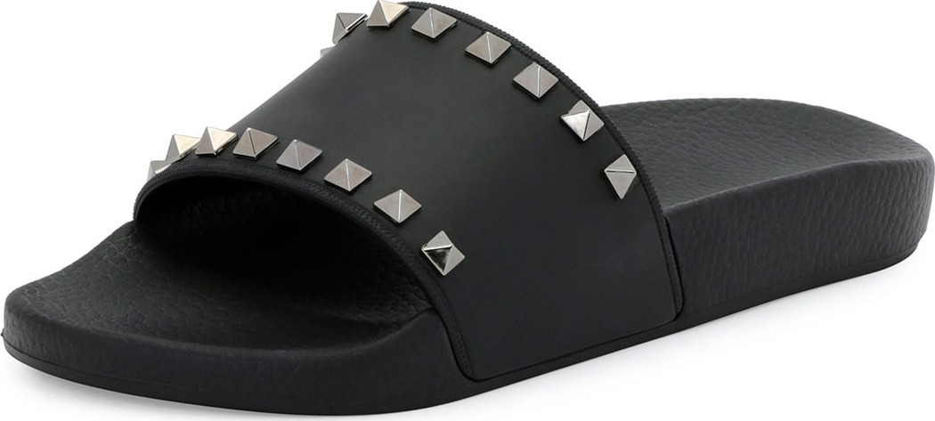 Valentino Rockstud Pool Slide Sandals, Black