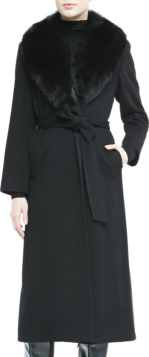 Sofia Cashmere Fur-Collar Belted Long Wrap Coat