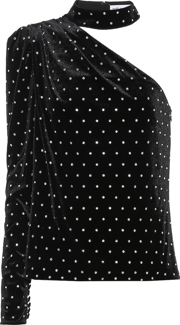 Self Portrait Embellished velvet one-shoulder top