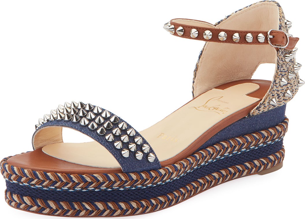 Christian Louboutin Madmonica 60mm Spiked Denim Wedge Red Sole Sandals