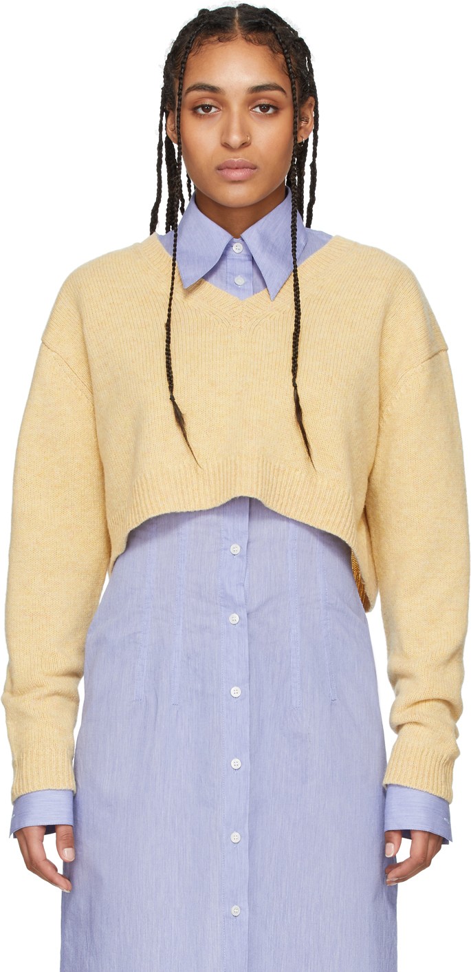 Acne Studios Beige Wool Cropped V-Neck Kadienne Sweater