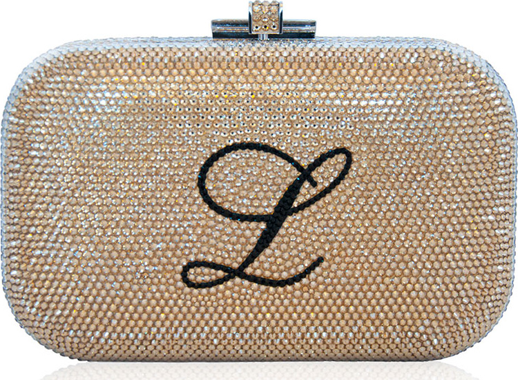 Judith Leiber Monogram Crystal Slide-Lock Clutch Bag, Champagne