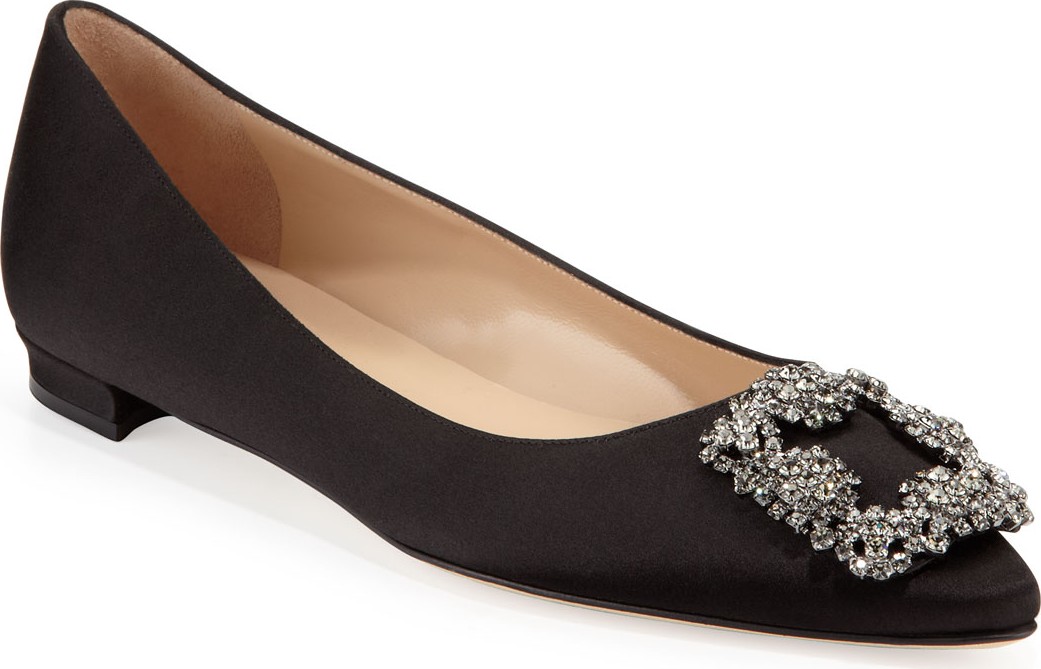 Manolo Blahnik Hangisi Crystal-Buckle Satin Flat