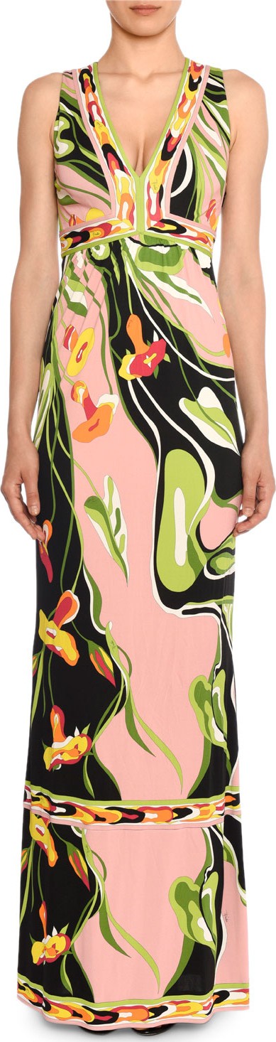 Emilio Pucci V-Neck Sleeveless Border Water Lily Print A-Line Dress