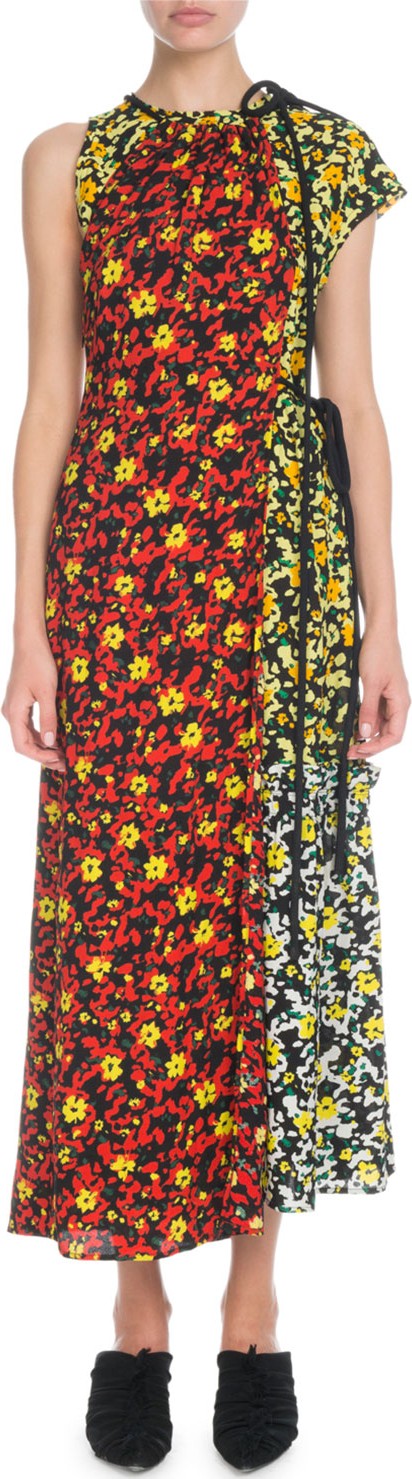 Proenza Schouler Sleeveless Mixed Poppy Wildflower-Print Asymmetric Long Dress