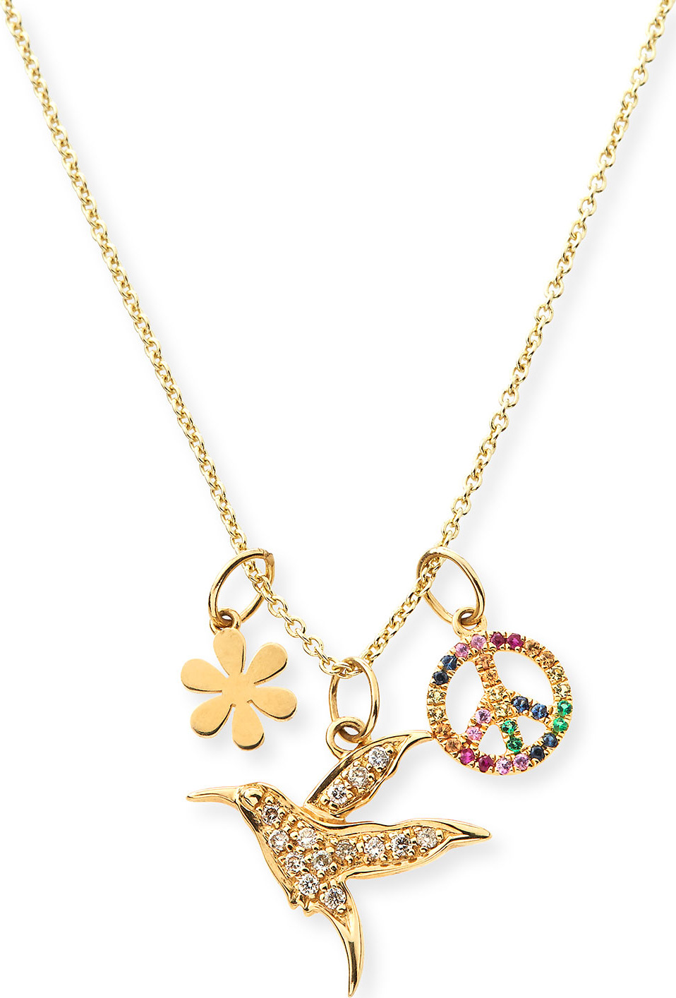 Sydney Evan 14k Daisy, Peace & Hummingbird Trio Pendant Necklace