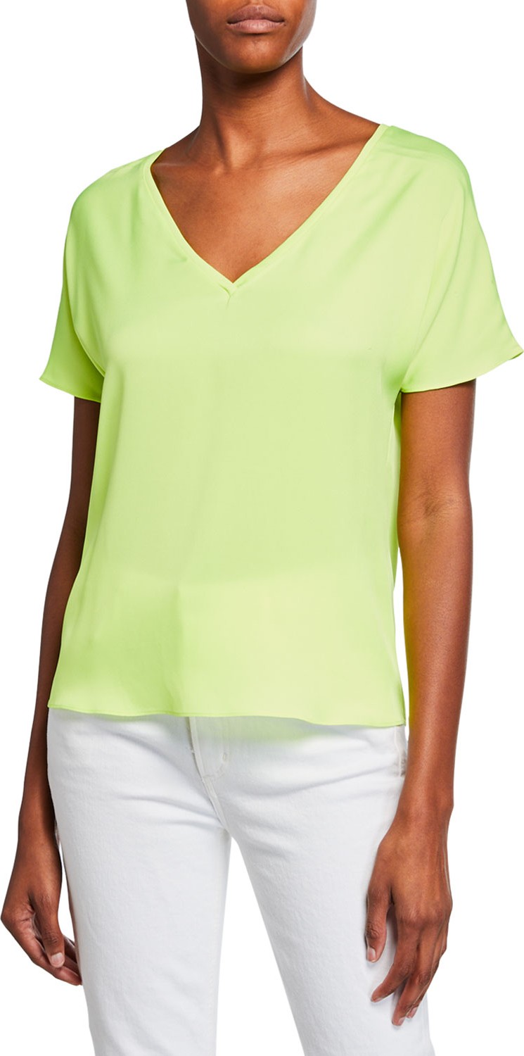 MILLY Shaya V-Neck Short-Sleeve Stretch-Silk Top
