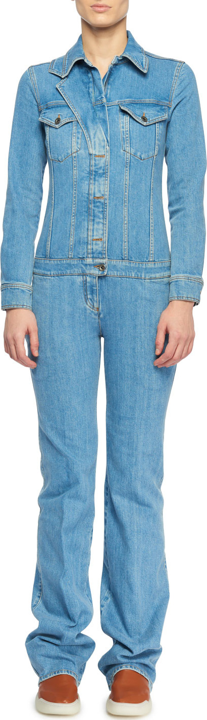 Stella McCartney Long-Sleeve Button-Front Denim Straight-Leg Jumpsuit