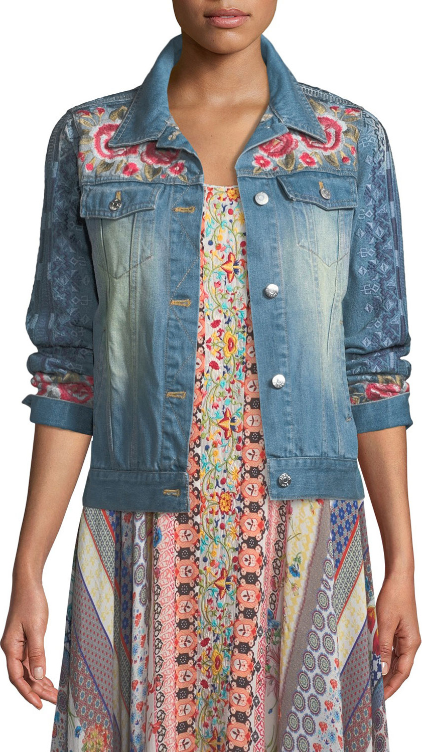 Johnny Was Shea Washed Embroidered Denim Jacket