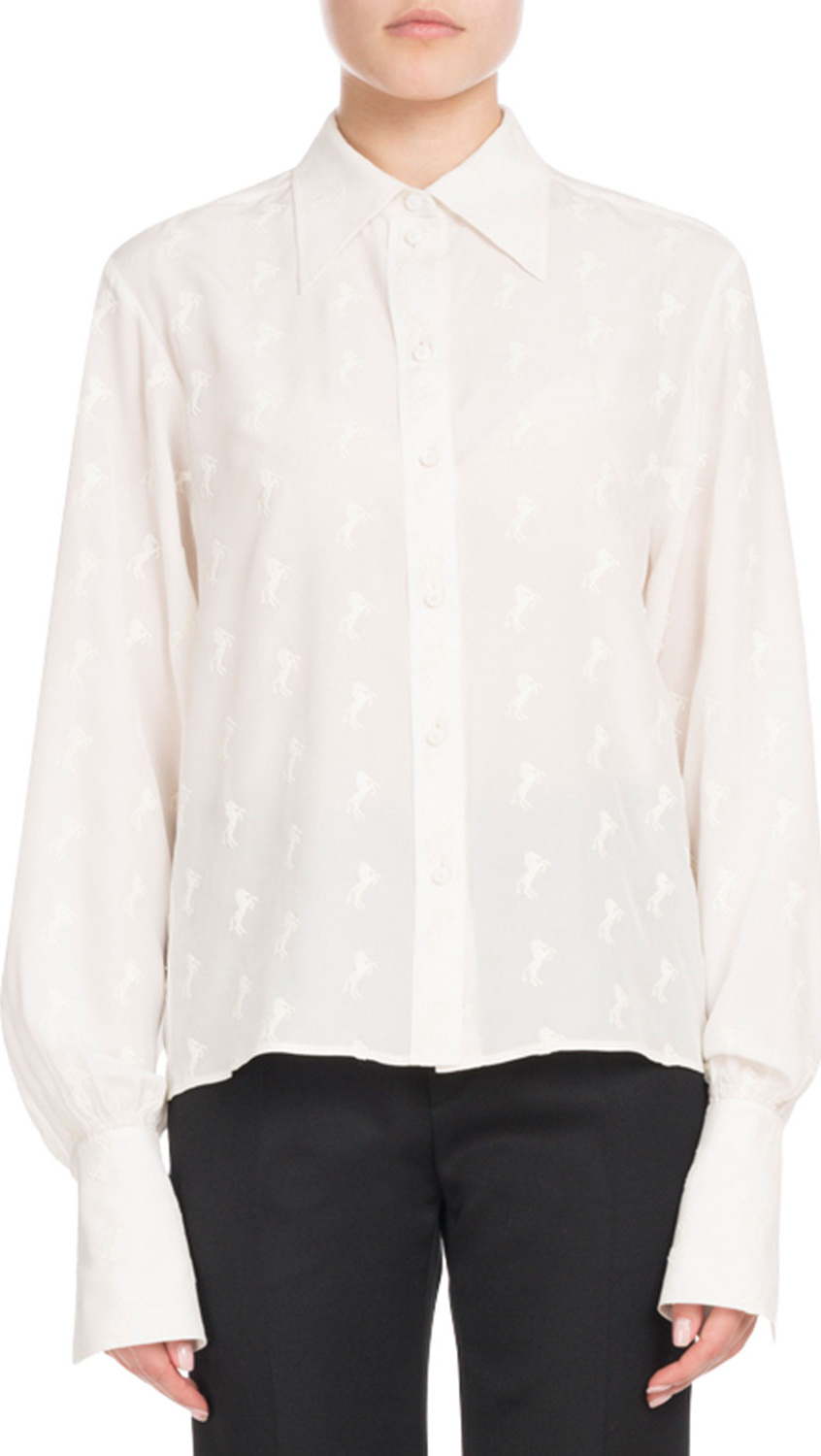 Chloe Long-Sleeve Button-Front Tonal Horse-Print Silk Crepe de Chine Blouse