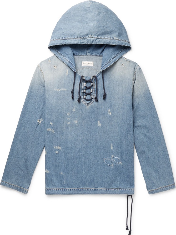 Saint Laurent Distressed Lace-Up Denim Hoodie