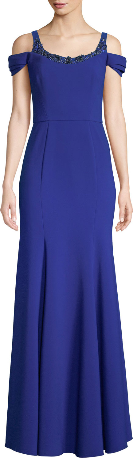 Marchesa Notte Stretch Crepe Cold-Shoulder Embellished Gown