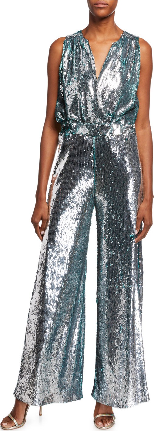 Carolina Ritzler Irma Sleeveless Surplice Wide-Leg Allover Sequin Jumpsuit
