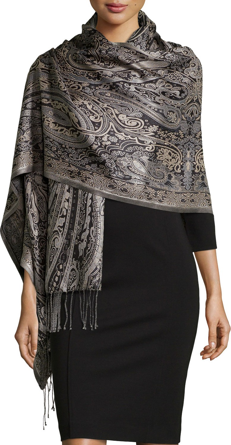 Sabira Paisley Jacquard Weave Silk Shawl, Black/White