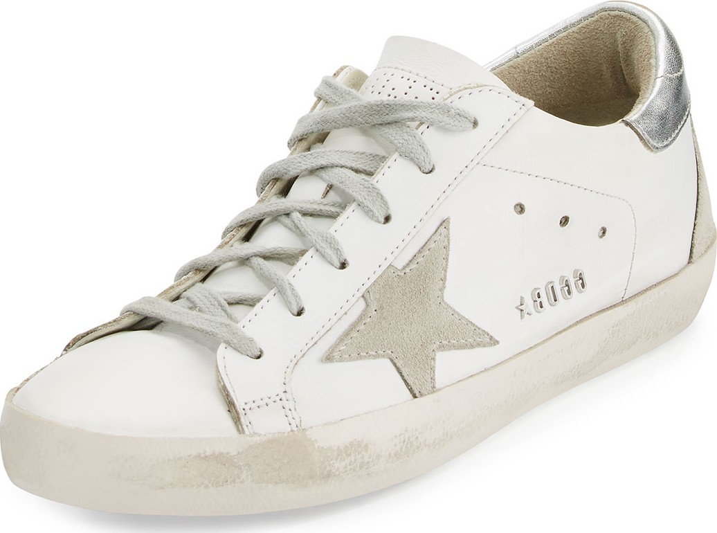 Golden Goose Deluxe Brand Distressed Leather Low-Top Sneakers, White/Silver