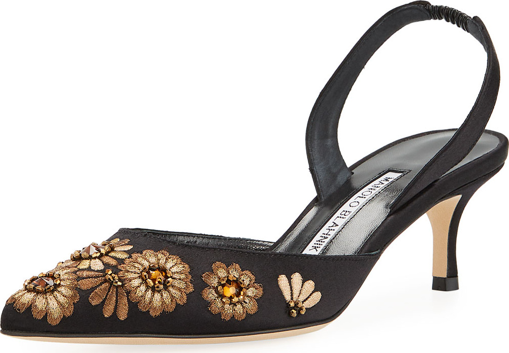 Manolo Blahnik Carolyne Low-Heel Embroidered Satin Halter Pumps
