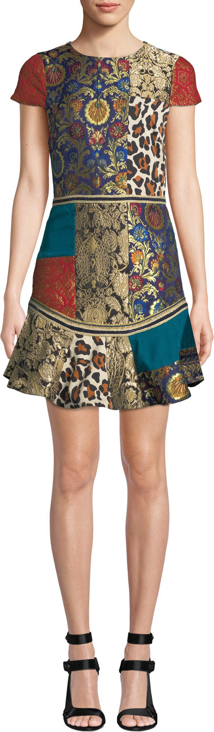 Alice + Olivia Rapunzel Curved-Hem Patchwork Mini Dress