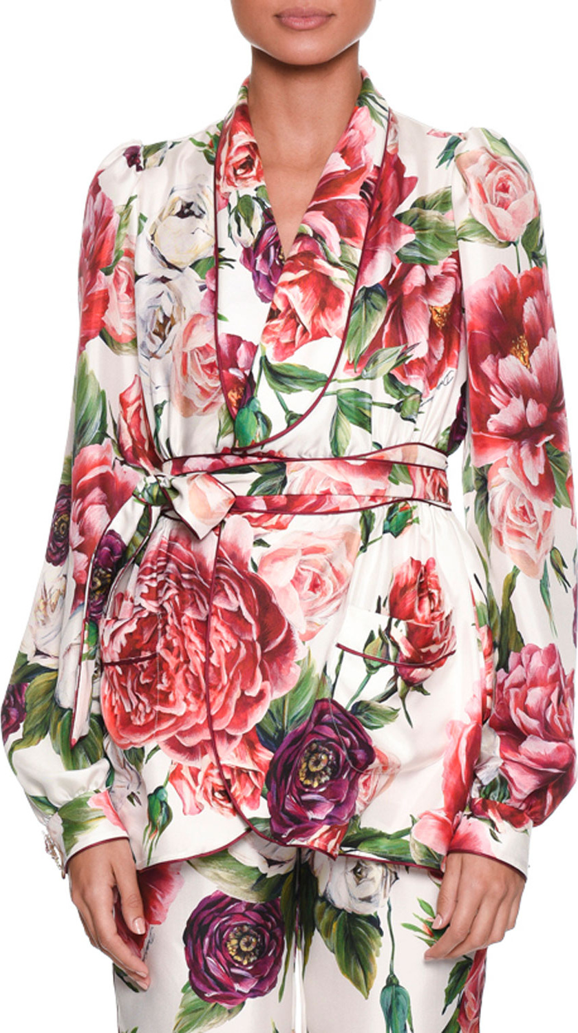 Dolce & Gabbana Long-Sleeve Rose Peony Belted Silk Pajama Top