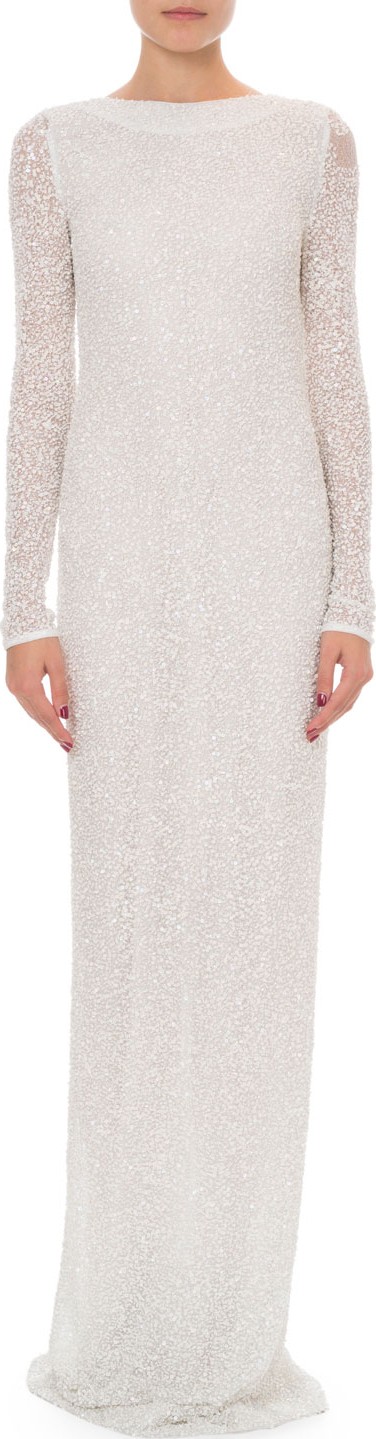 Balmain Long-Sleeve Open-Back Pearl & Sequin Gown