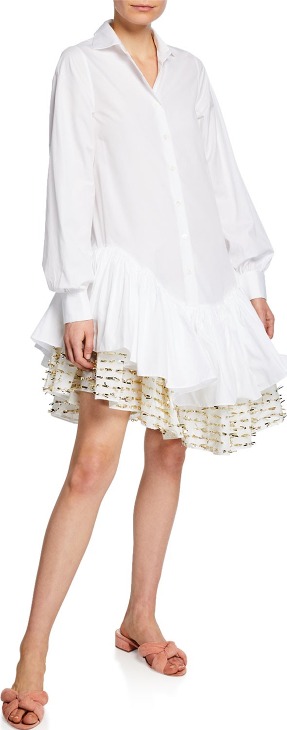 Anaïs Jourden Flouncy Asymmetrical Shirt Dress with Confetti Trim