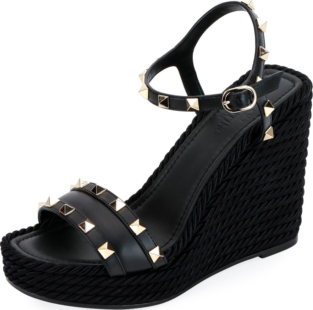Valentino Rockstud Leather Wedge Sandals