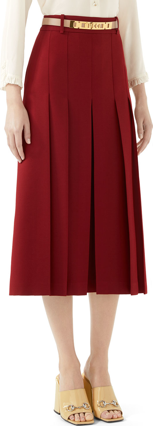 Gucci Cady Crepe Wool-Silk Pleated Skirt w/ Leather Belt