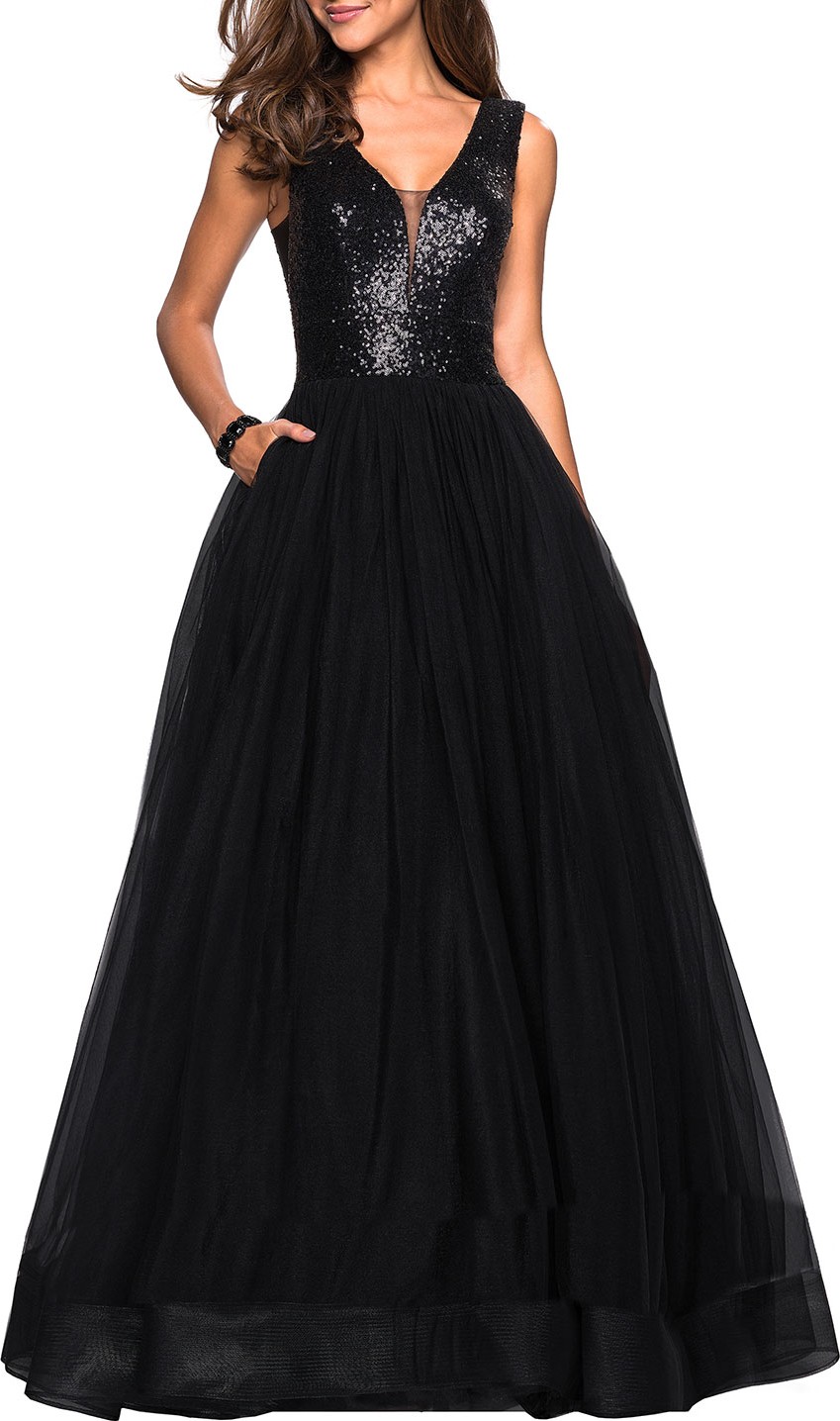 La Femme Sequin-Bodice V-Neck Sleeveless Tulle Ball Gown with Pockets