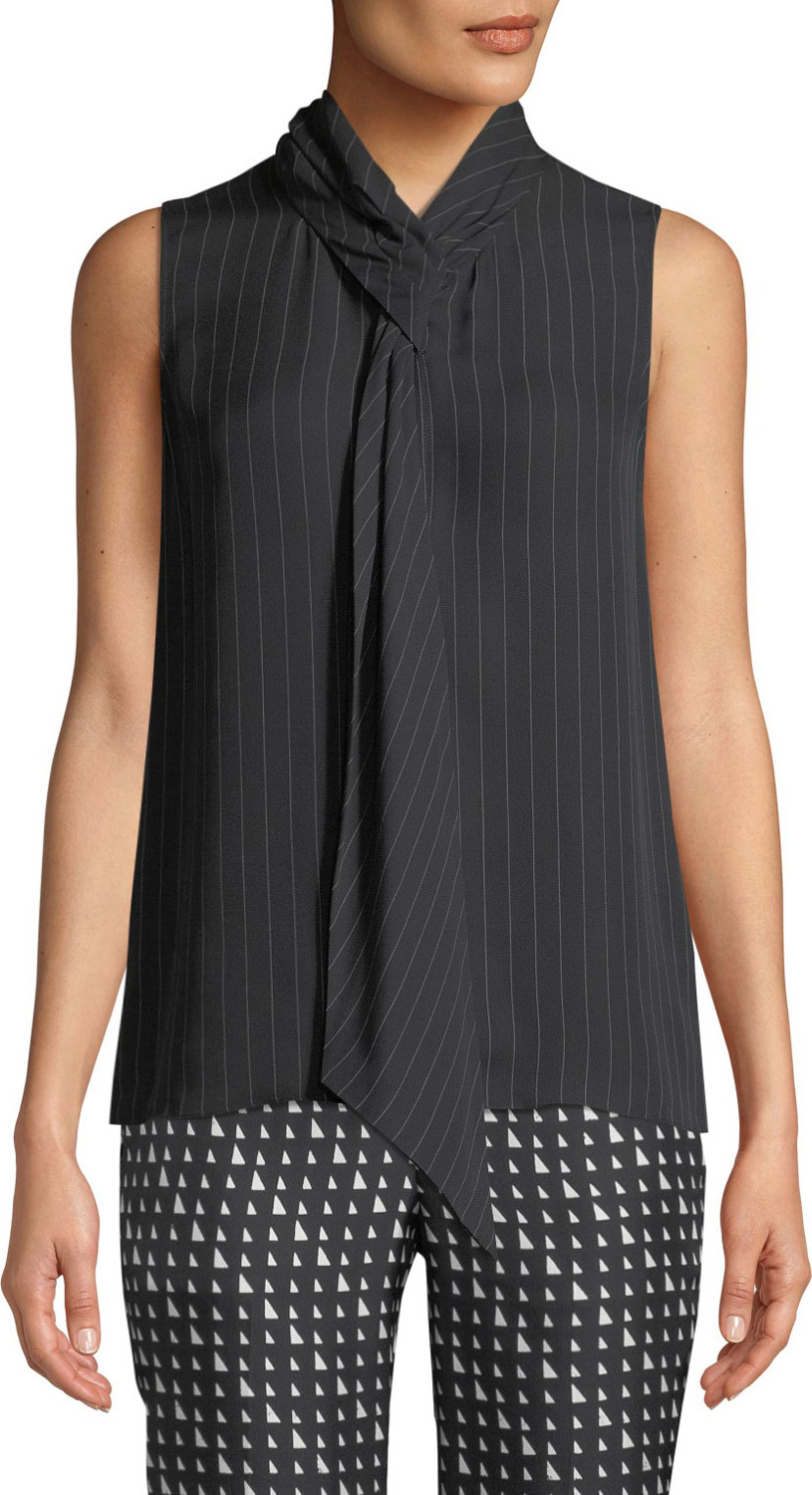 Theory Pinstriped Tie-Neck Draped Silk Shell
