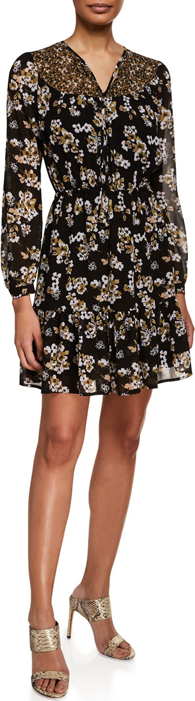 MICHAEL MICHAEL KORS Combo Bib Fleur Long-Sleeve Mini Dress
