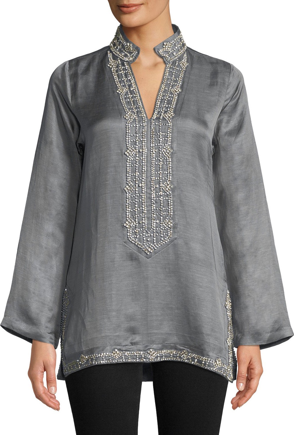 Bella Tu Marilyn Long-Sleeve Crystal Embellished Tunic w/ Mandarin Collar