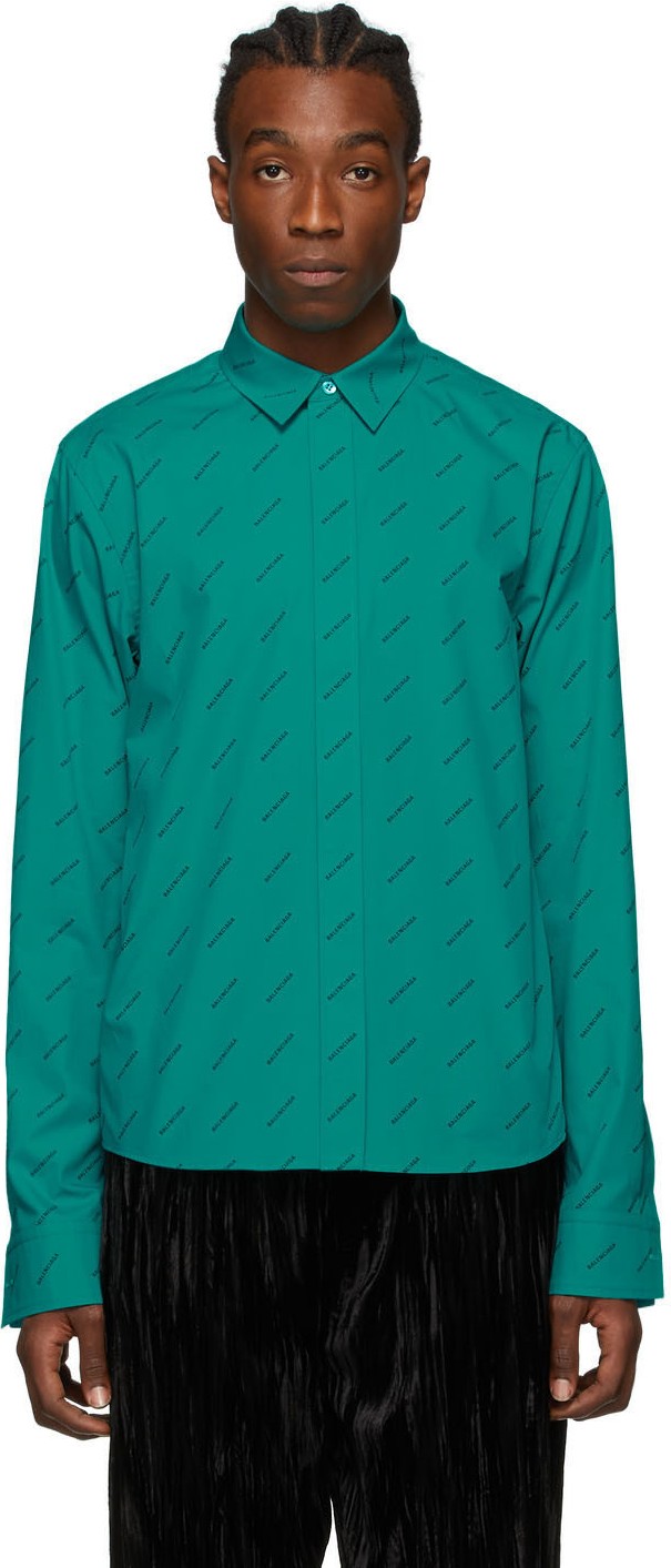 Balenciaga Blue Poplin All Over Logo Shirt Balenciaga Blue Poplin All Over Logo Shirt