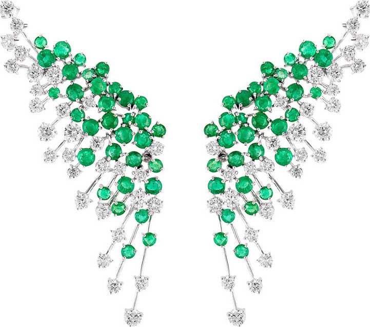 Hueb Luminus 18k White Gold Diamond & Emerald Winged Earrings