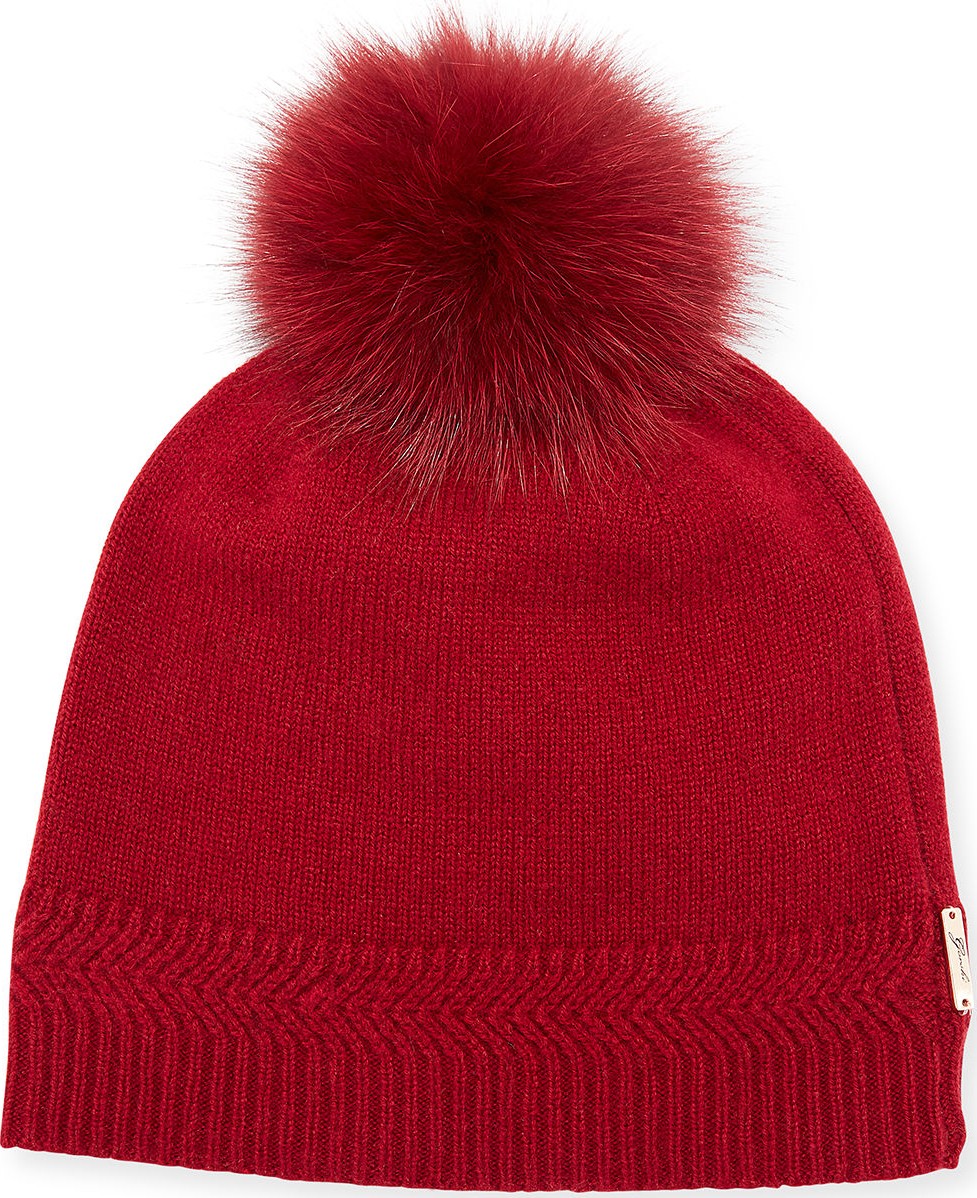 Gorski Knit Cashmere Beanie Hat w/ Fur Pompom