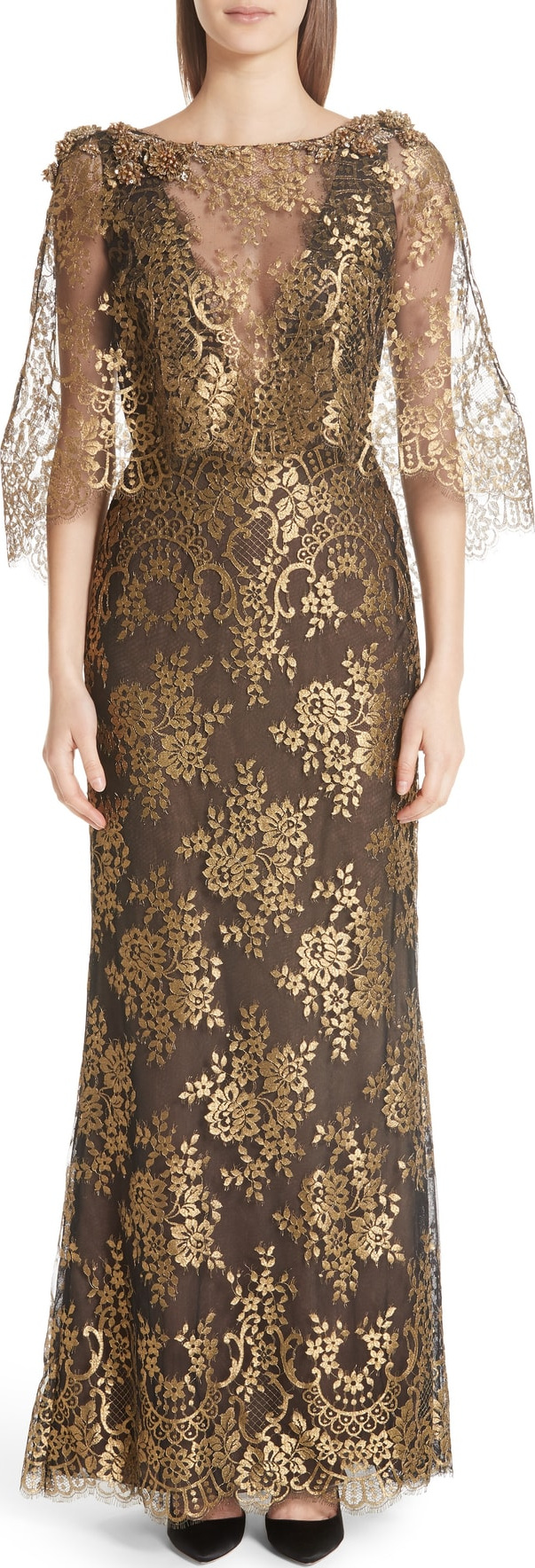 Marchesa Cape Detail Metallic Lace Gown