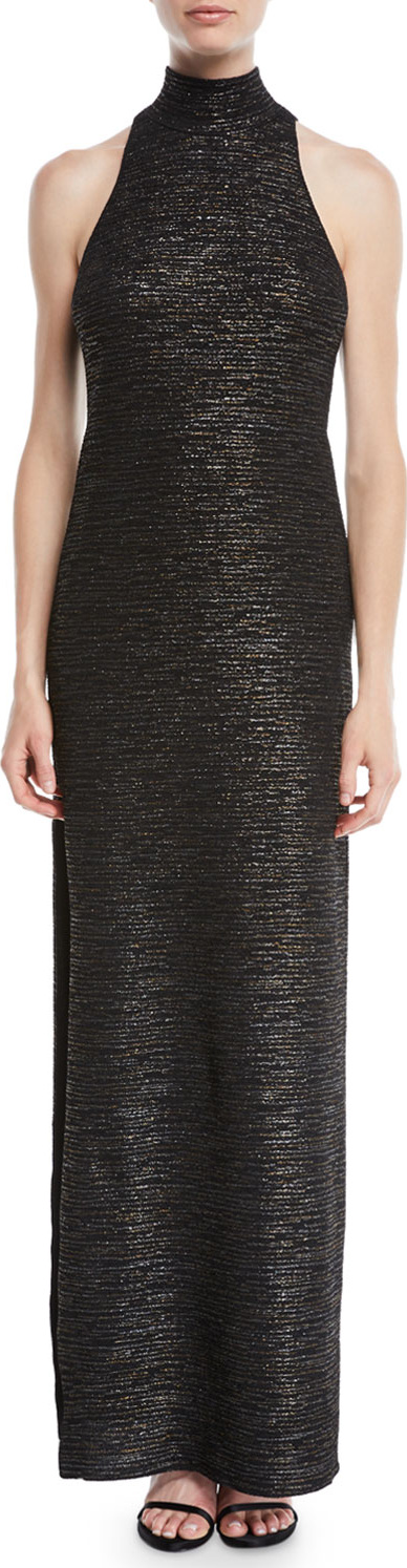 HALSTON HERITAGE Metallic Knit Gown w/ Mock Neck