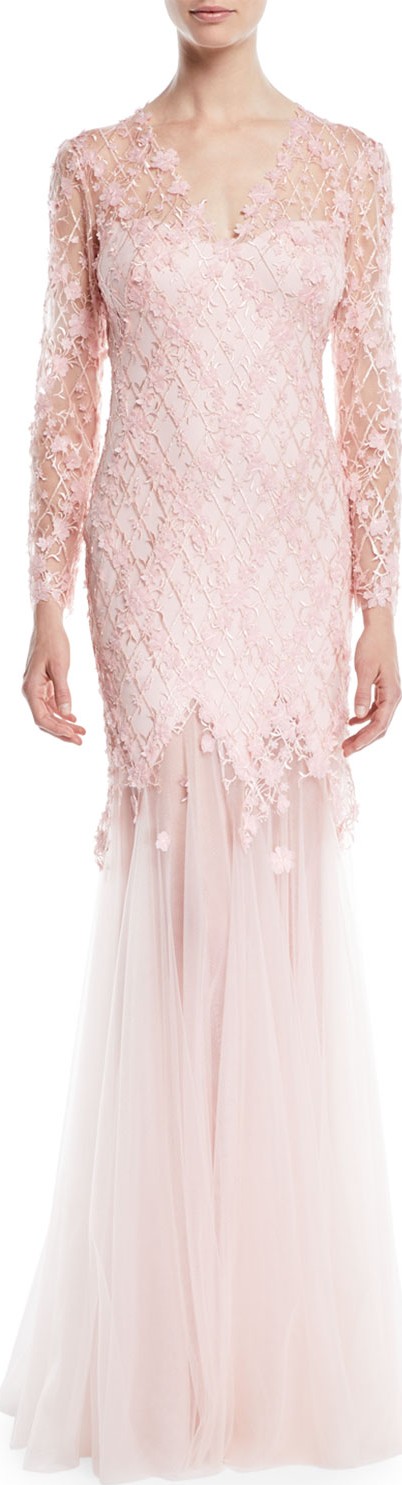 Tadashi Shoji Long-Sleeve Lace Gown w/ 3D Appliqué