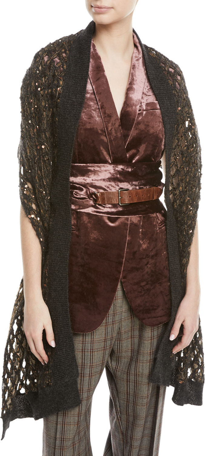 Brunello Cucinelli Mohair-Blend Netted Scarf w/ Paillettes