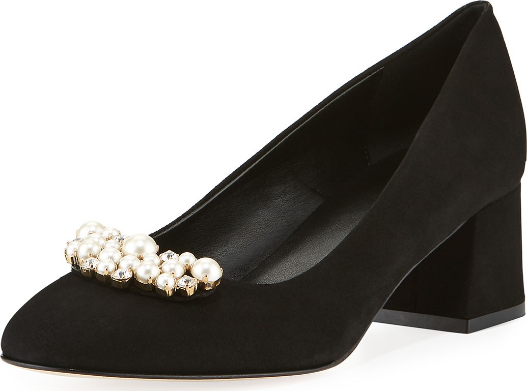 Sesto Meucci Mindy Low-Heel Pearly Ornament Pumps, Black