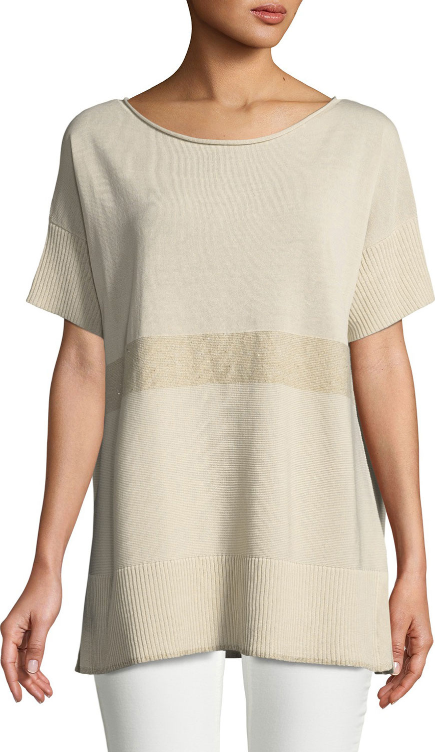 Lafayette 148 New York Short-Sleeve Sequin-Striped Sweater