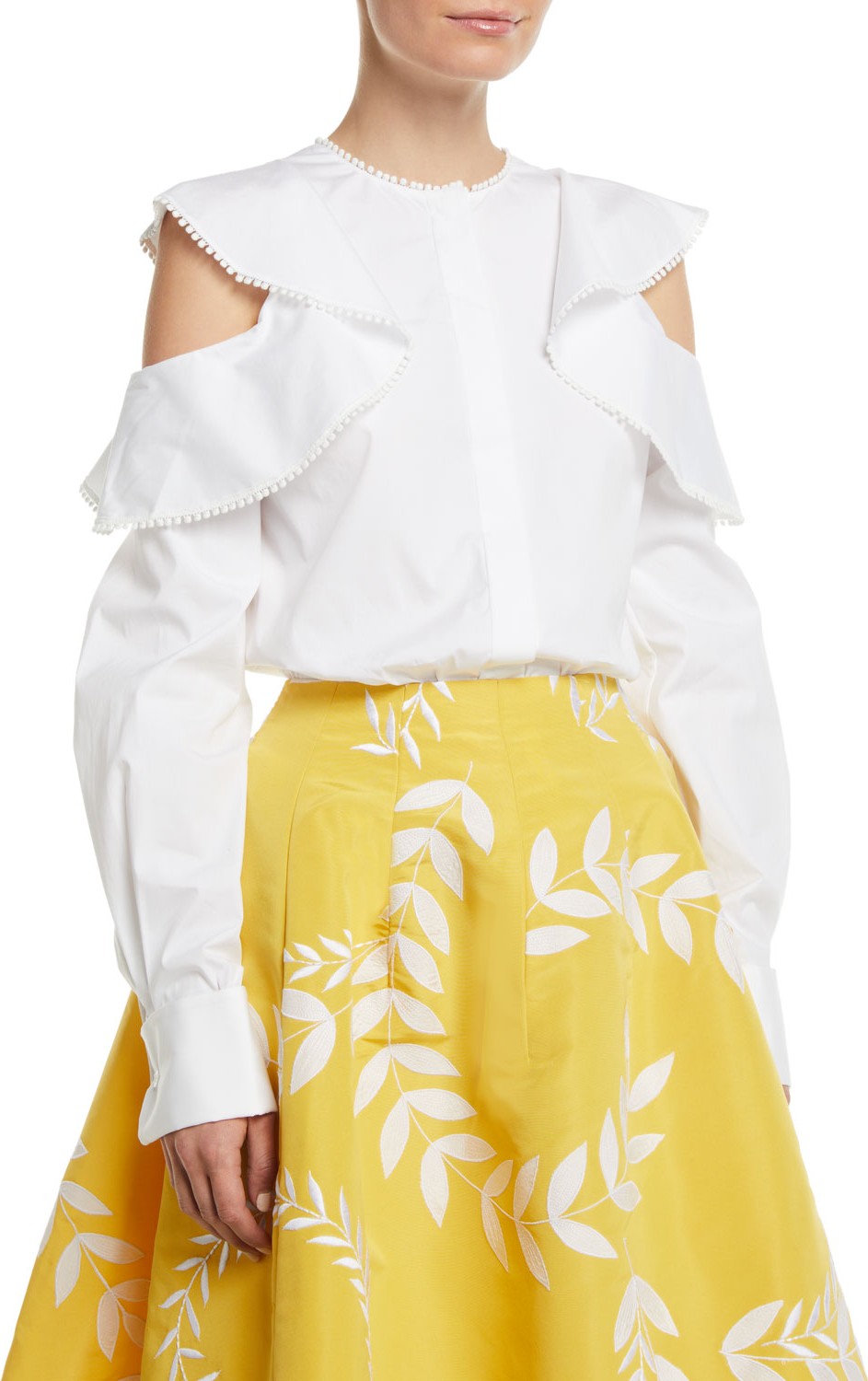 Oscar De La Renta Ruffled Cold-Shoulder Long-Sleeve Cotton Blouse