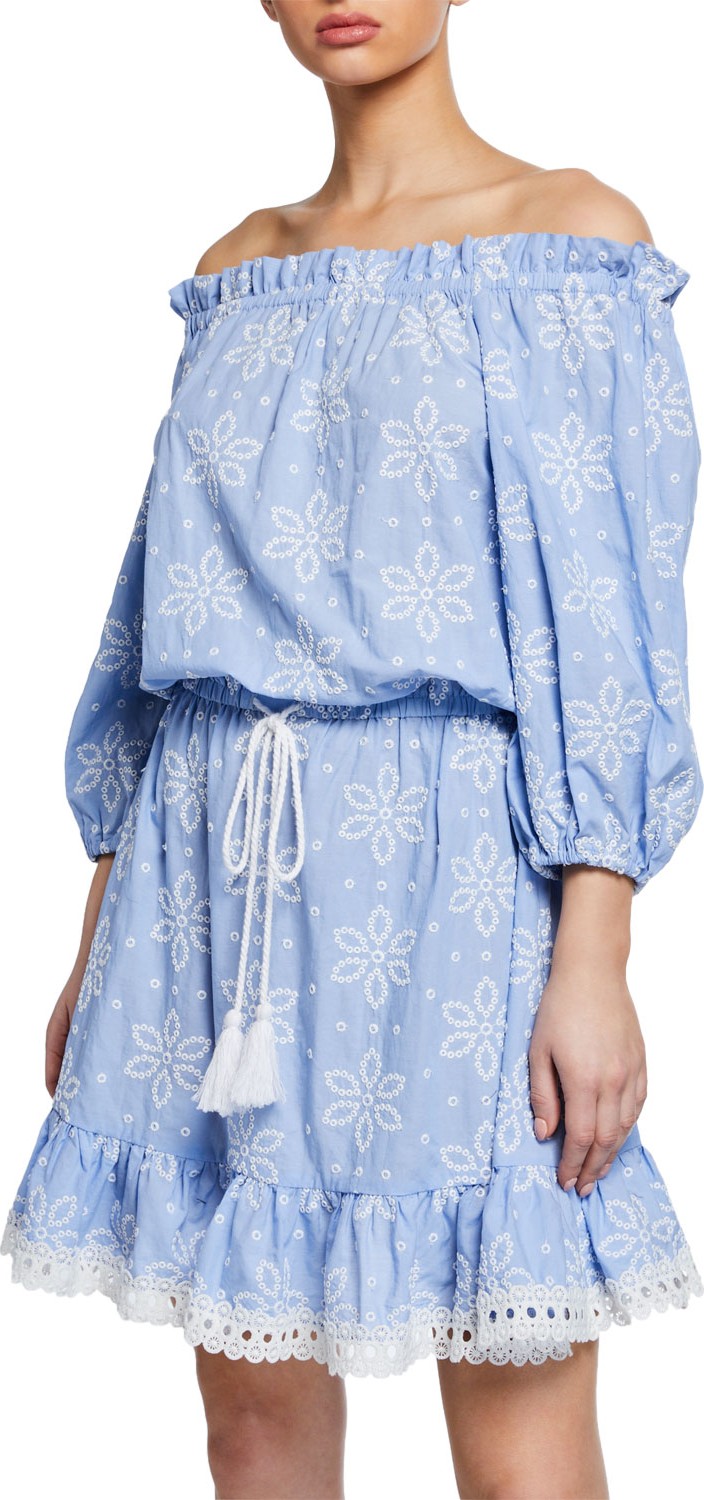 Shoshanna Daisy-Embroidered Off-Shoulder Flounce Dress